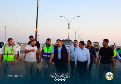محافظ واسط يتابع ميدانيآ أعمال إكساء مدخل قضاء النعمانية باتجاه مجسر بغداد.